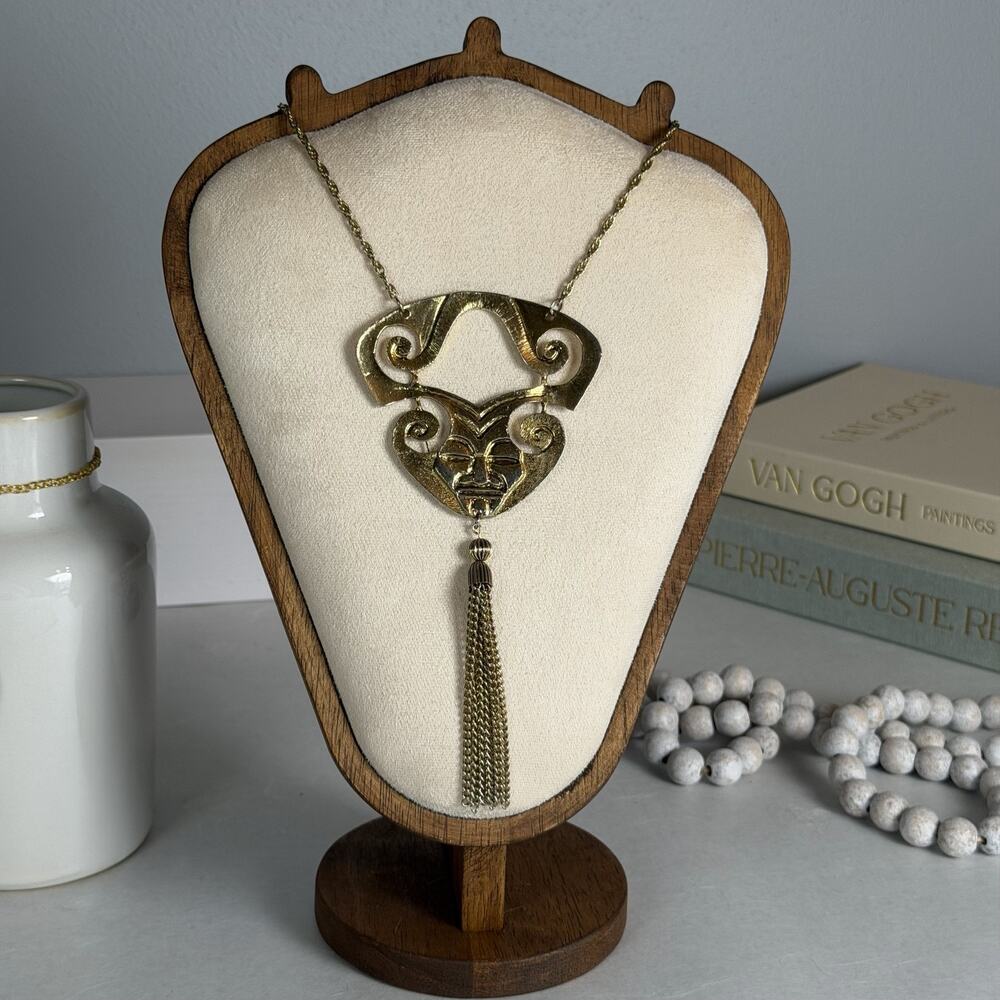 Bold VTG 1970s Gold-Tone Mayan Mask Pendant Necklace On 24" Twisted Rope Chain